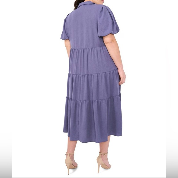 CeCe Plus Size Drapey Puff Sleeve Tiered Midi Shirt Dress